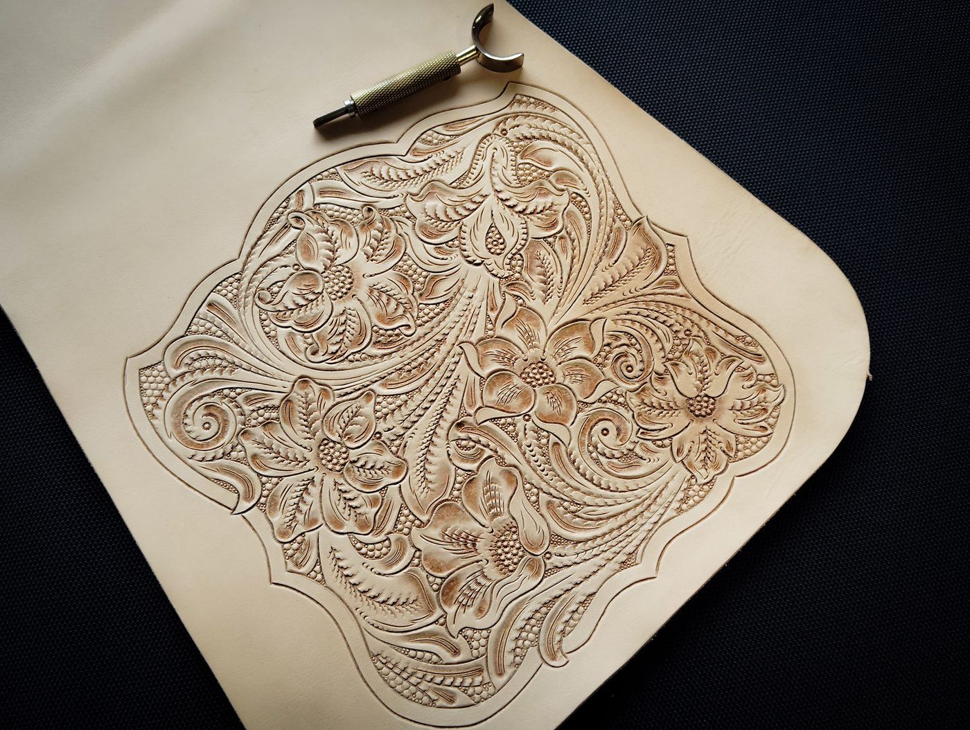 Leather carving in progress